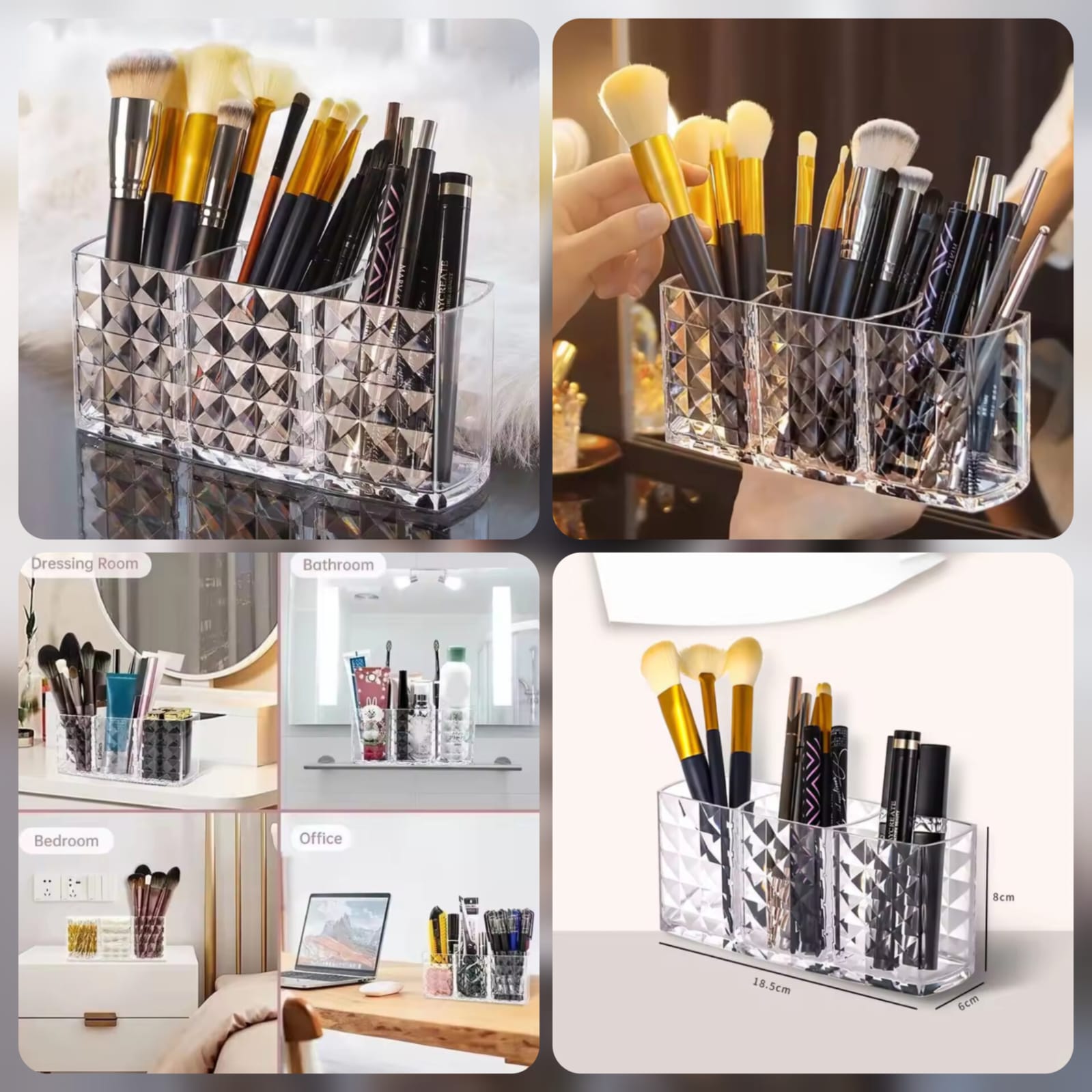 Acrylic 3-Part Diamond Cut Organizer | Premium Storage Box for Cosmetics & Jewelry