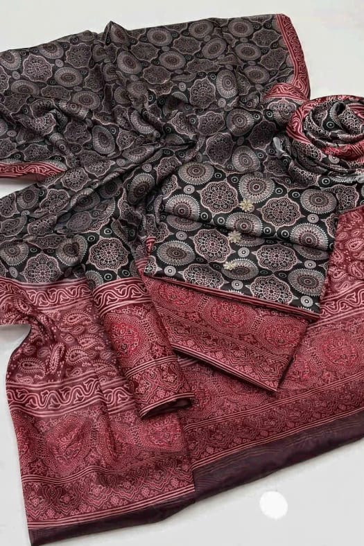 ALHAMDULILAH Brand Name Silk 3pc Dress Shamoz Silk Digital Printed Shirt Shamoz Silk Digital Printed Trouser Silk Digital Printed Dupatta