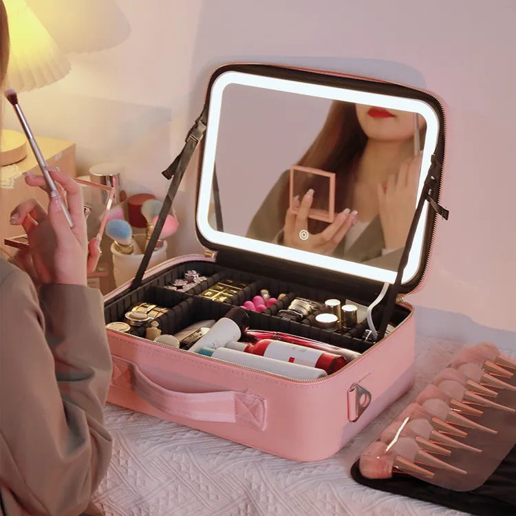 Portable Mini LED Makeup Bag with Lighted Mirror and Adjustable Dividers